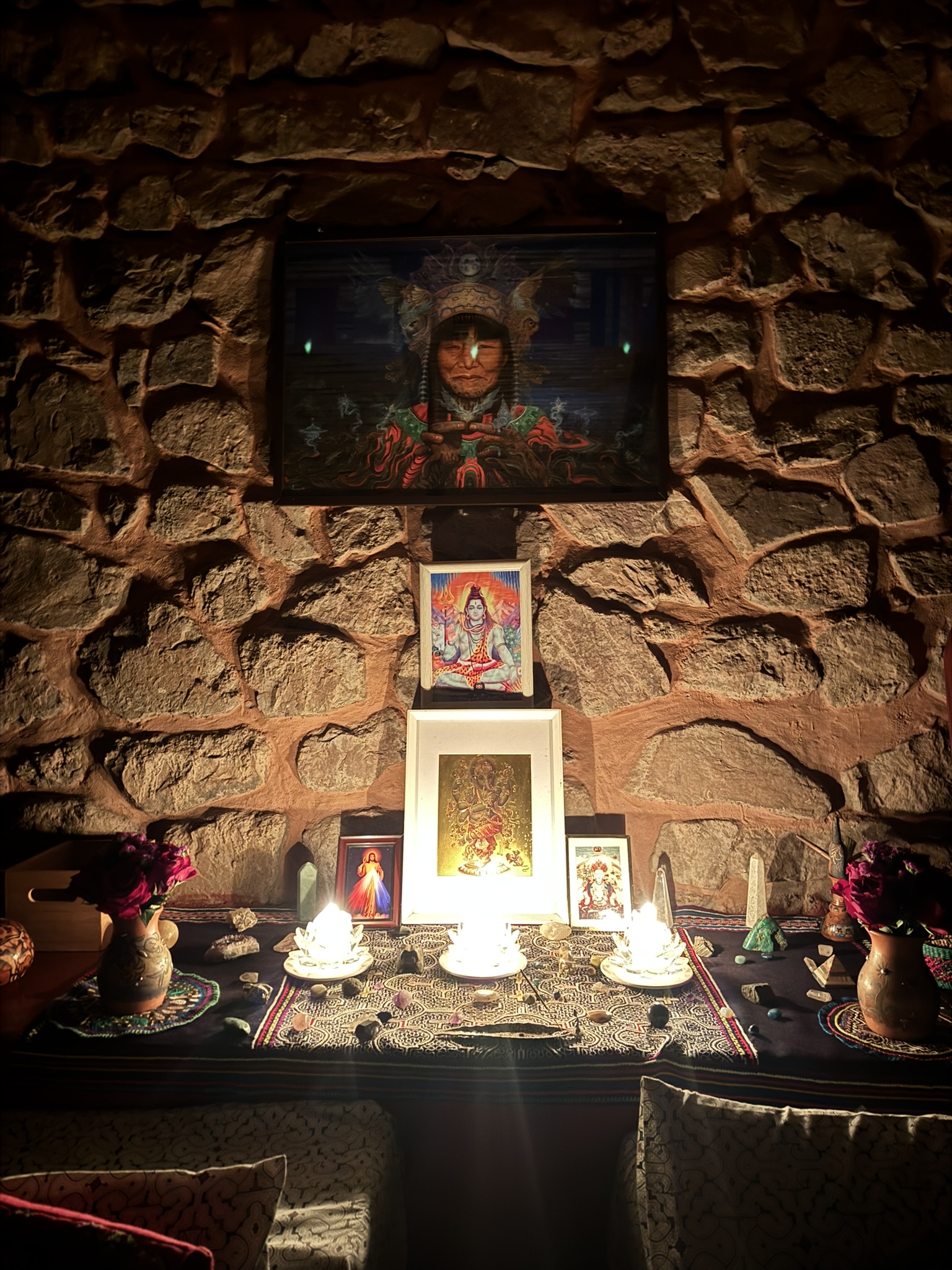 The temple altar, lit again after the ceremony